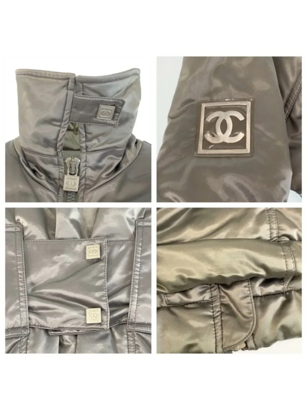 Chanel Sports Line CC Logo Gray Silver Down Coat Zip Upcoat